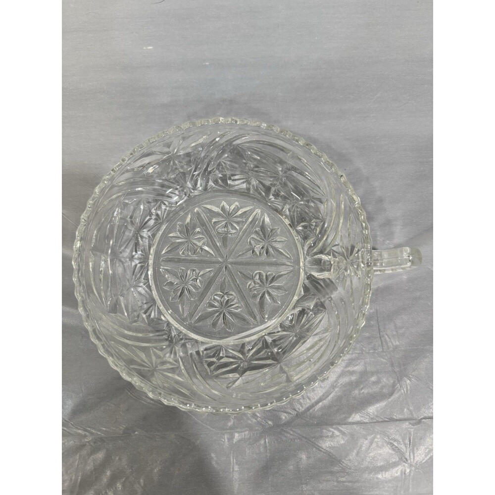 Vintage Cut Glass Serving Bowl w Handle Starburst Pattern Clear Pressed Glass